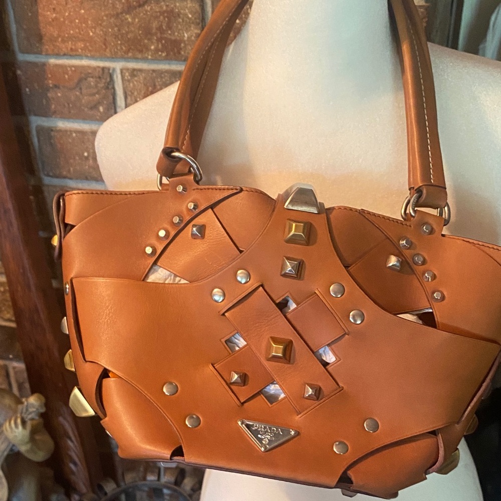 Tan Studded Leather Prada Shoulder Bag🐆🔥🍒